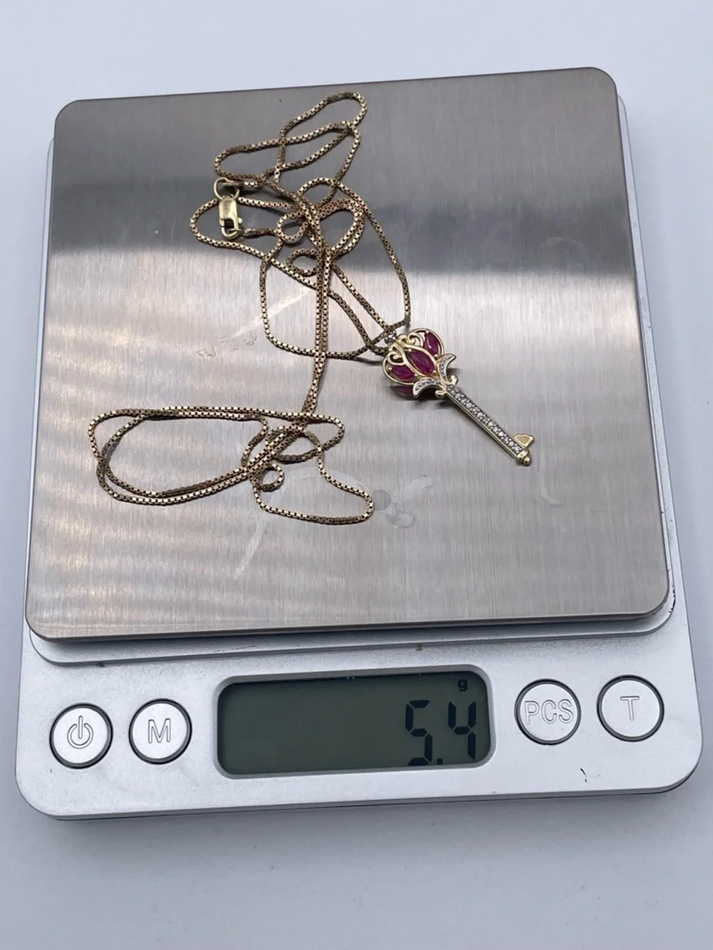 14K Gold Ruby Diamond Key Pendant Necklace 30” Box Chain Authenticated Estate - Picture 7 of 10